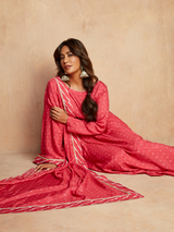 Pink Bandhani Printed Silk Anarkali Kurta Pant Dupatta Set