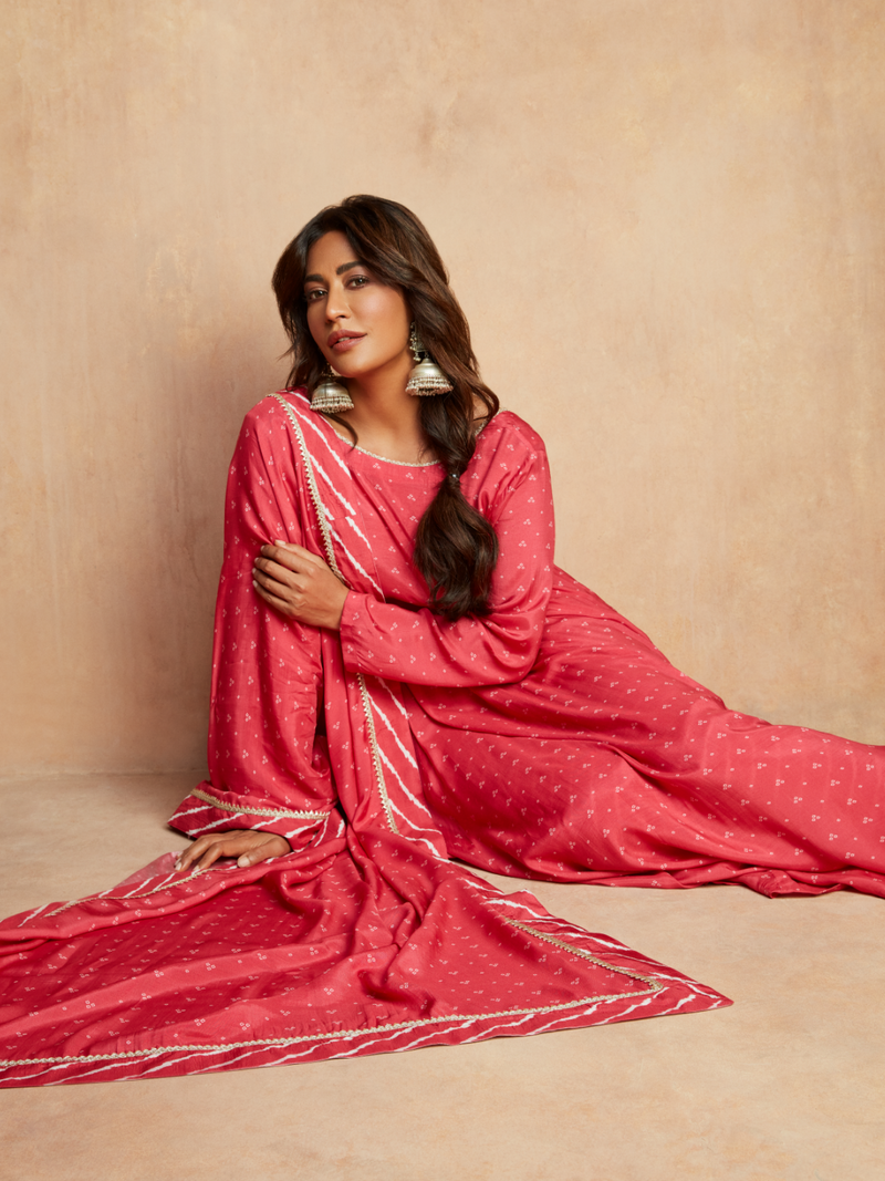 Pink Bandhani Printed Silk Anarkali Kurta Pant Dupatta Set